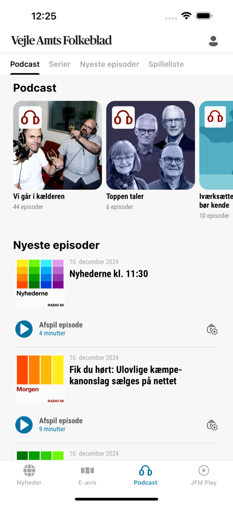 Section podcast de l'application d'actualités Vejle Amts Folkeblad avec les derniers épisodes.