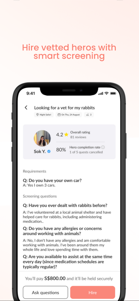 Quest - Hire a Hero - Quest app screen showing a hero profile with ratings and smart screening questions for a task.
