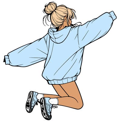 realistic girl jumping with a bun and oversized sweatshirt