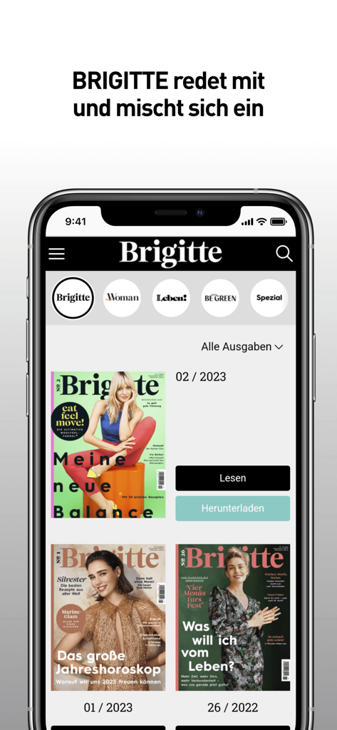 BRIGITTE - Das Frauenmagazin - L'application mobile Brigitte présentant une bibliothèque numérique de numéros de magazines sur l'écran d'un smartphone
