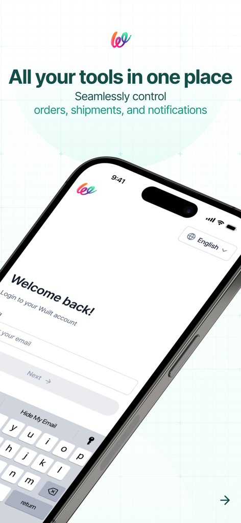 Wuilt Merchant - Login screen for the Wuilt Merchant app on a smartphone showing a welcome back message and email input field