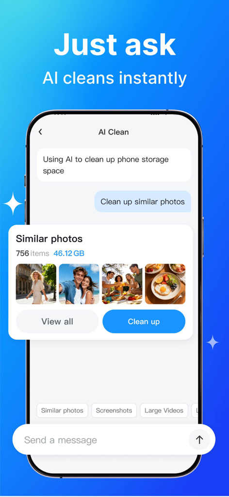 TopCleaner:Release Storage - TopCleaner app screen showing AI assistant cleaning similar photos to free up phone storage.