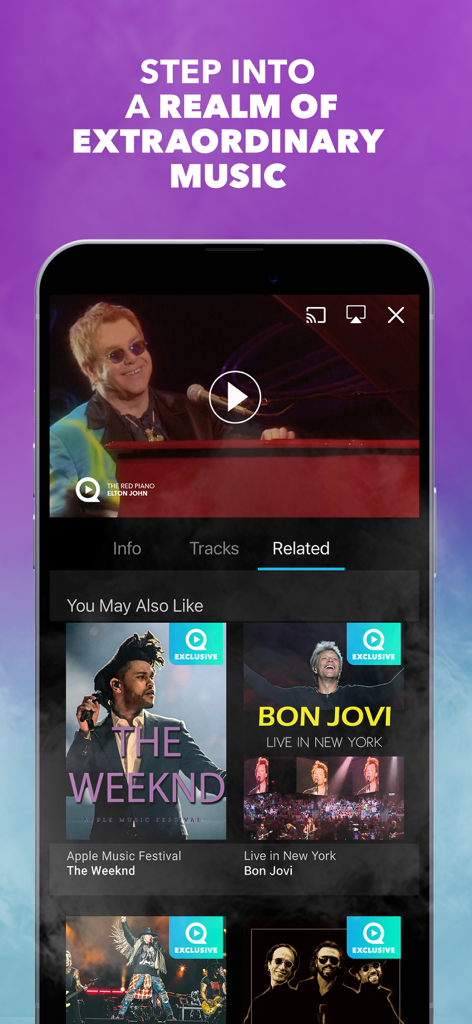 Mobile Ansicht der Qello Concerts App, die ein Elton John Konzert mit ähnlichen Empfehlungen abspielt