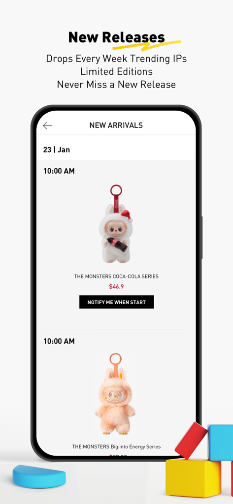 Pop Mart Americas app displaying upcoming designer toy new arrivals and limited edition drops.