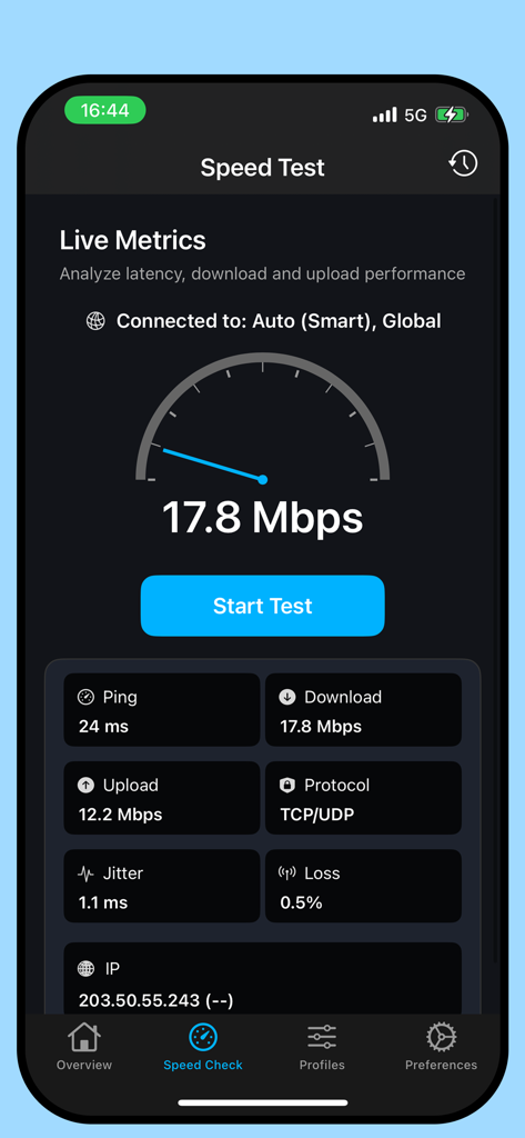 VPN - Buck Super - Speed test interface of VPN Buck Super showing live network metrics including download speed ping jitter and packet loss