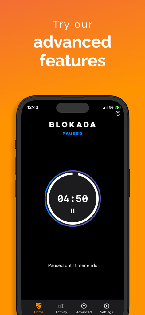 Ad Blocker VPN & DNS – Blokada - Blokada app interface showing a countdown timer when ad blocking is paused