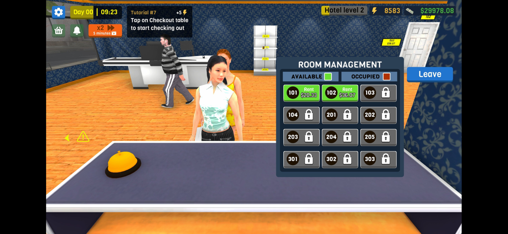 City Hotel Simulator - Oberfläche zur Zimmerverwaltung in City Hotel Simulator, die verfügbare Zimmer und Mietpreise zeigt