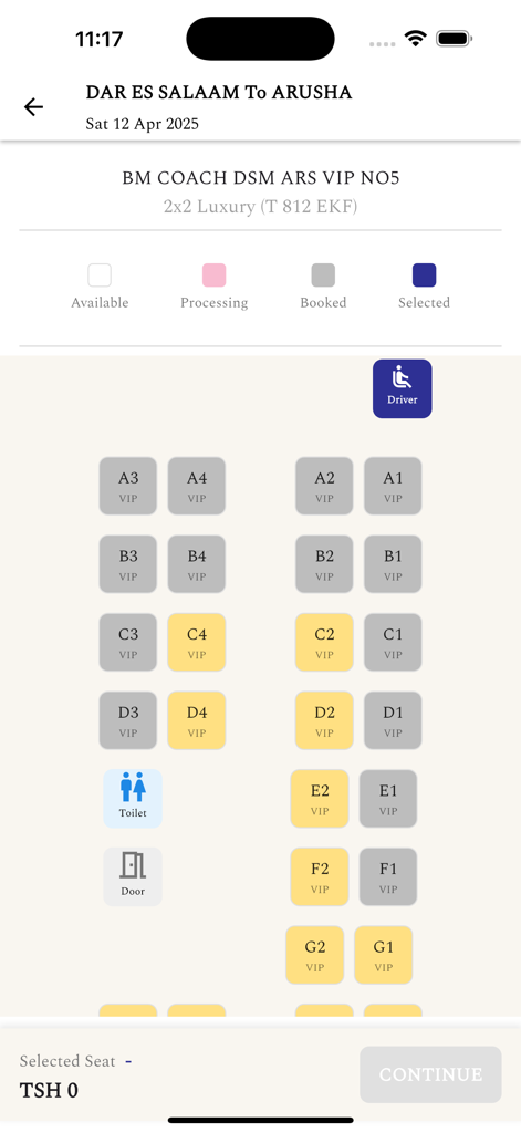 BM Coach - BM Coach app seat map for a luxury bus trip from Dar Es Salaam to Arusha showing available and booked seats