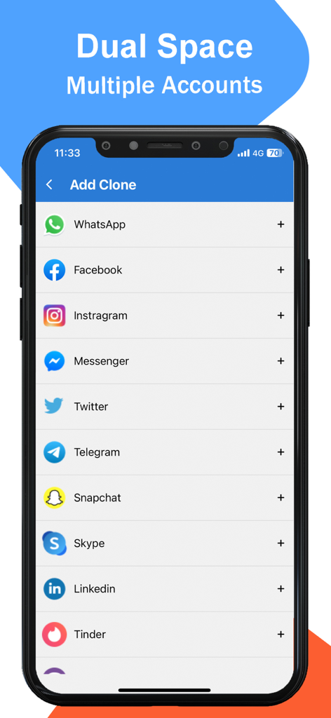 Un écran de smartphone affichant une liste d'applications de médias sociaux comme WhatsApp et Facebook à cloner pour plusieurs comptes.