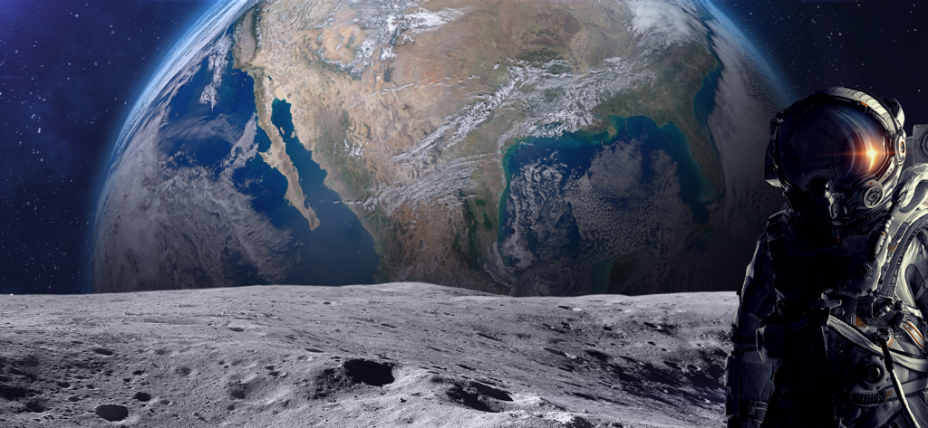 Ein Astronaut in einem Raumanzug steht auf dem Mond mit der Erde im Hintergrund