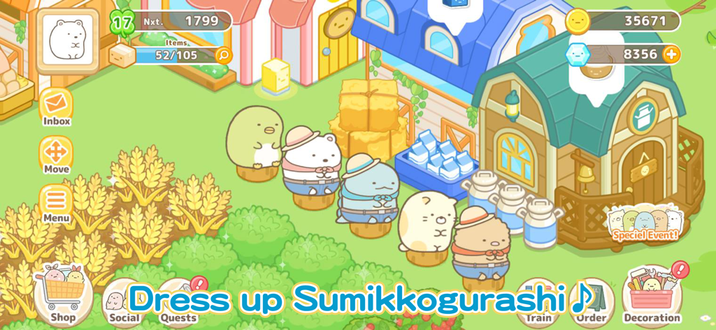 Sumikkogurashi Farm farm game - Personajes de Sumikkogurashi vistiendo lindos atuendos en su granja