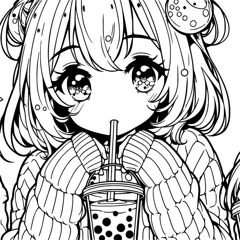 manga girl drinking boba in cozy sweater