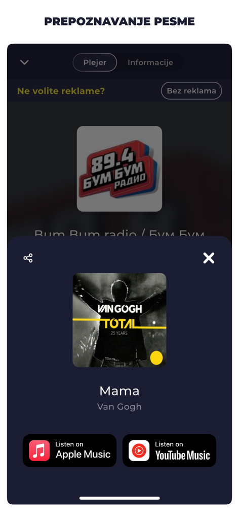 Radio Serbia FM Online Live - Aplicativo de rádio sérvio identificando a música Mama de Van Gogh com links de streaming