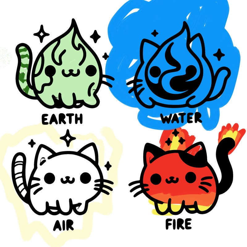4 cats that represent the different elements, earth, water, air, and fire