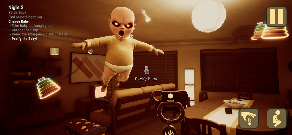 Creepy baby with glowing orange eyes floating in a living room from The Baby In Yellow game.