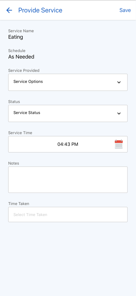 A mobile interface for caregivers to document services like eating with fields for status time and notes