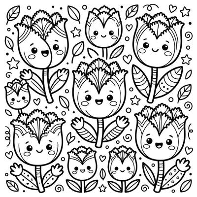 Dive into a garden of cuteness with these charming Kawaii fringed tulips coloring pages. Each adorable bloom features a sweet face, ready to be brought to life with your favorite colors.
