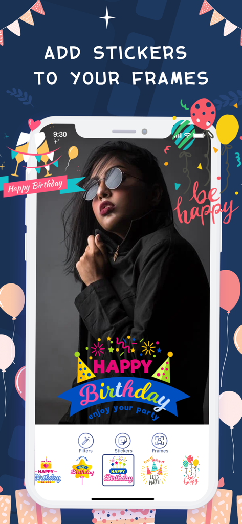 A mobile app interface showing a photo decorated with happy birthday stickers and festive frames.