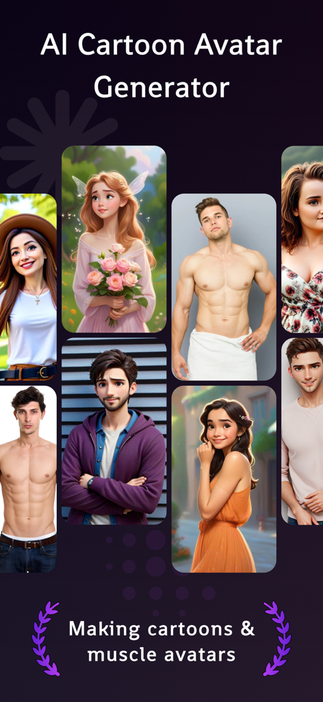 AI生成された漫画キャラクターと筋肉質な男性アバターのコラージュ