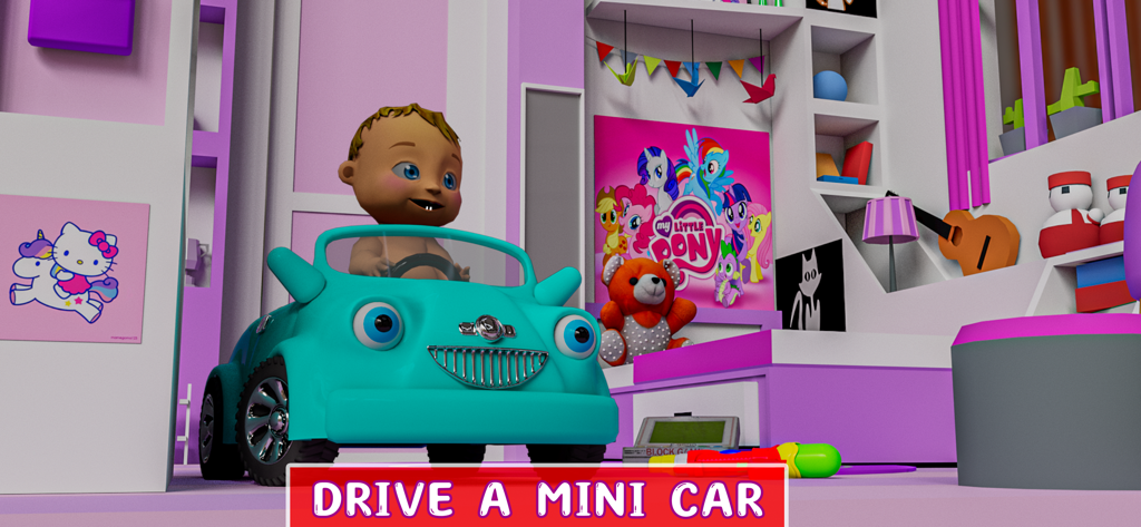 Baby Simulator Family Prank - Un personaje de bebé virtual sentado en un coche de juguete color aguamarina dentro de un dormitorio colorido