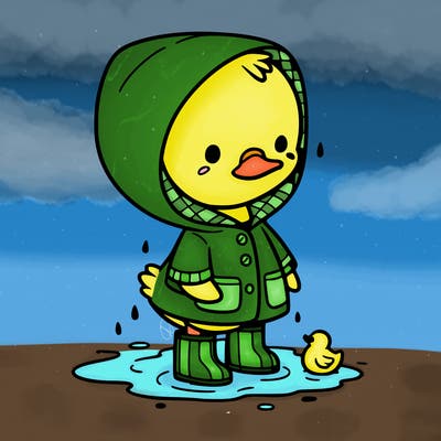 baby duck in a rain coat and boots, in a puddle while it’s raining