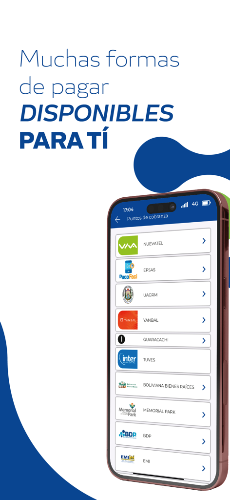 Mis Cuentas Bolivia - App Mis Cuentas Bolivia che mostra un elenco di fornitori di servizi per il pagamento delle bollette, tra cui EPSAS e YANBAL
