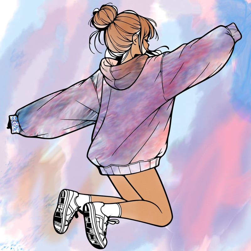 realistic girl jumping with a bun and oversized sweatshirt
