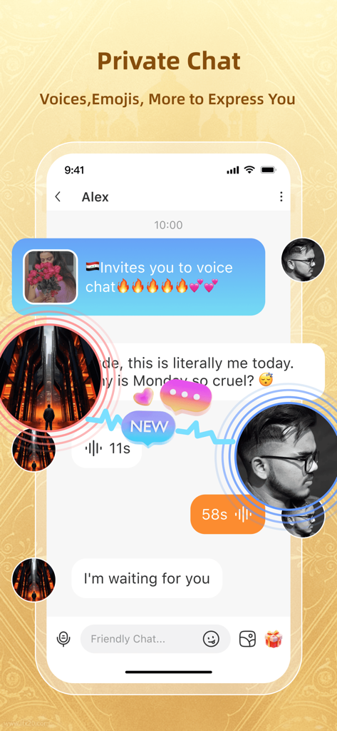 Ohma: Games and Party - Uma captura de tela da tela de chat privado do aplicativo Ohma mostrando mensagens de voz e reações de emoji.