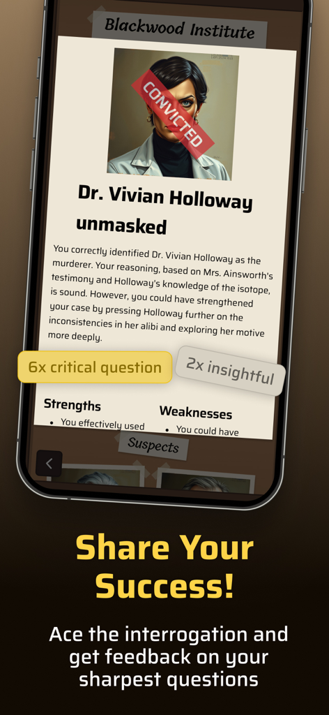 Krimi: Murder Mystery - Screenshot showing a convicted suspect and interrogation feedback in the Krimi Murder Mystery app