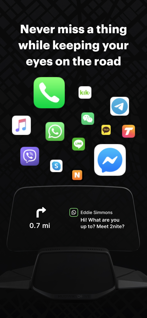 HUDWAY Drive: HUD for any car - HUDWAY Drive app interface showing messaging notifications and navigation instructions on a car heads-up display.