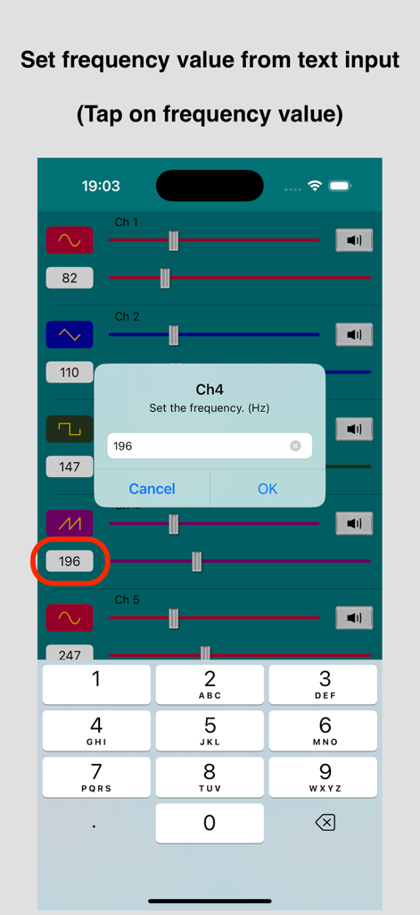 Multiple Tone Generator - Interface showing manual frequency input using a numeric keypad in the Multiple Tone Generator app.