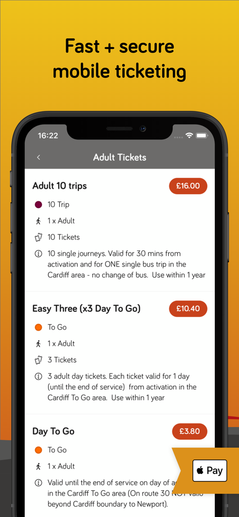 A aplicação Cardiff Bus mostra vários bilhetes para adultos e integração com Apple Pay para bilhética móvel segura.