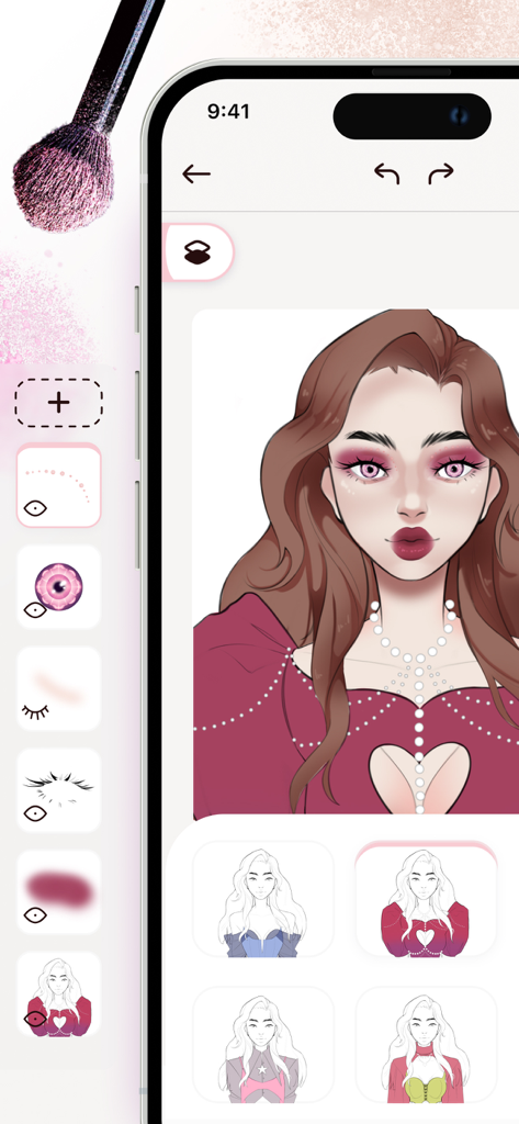 Makeup Studio: Pro Sketchbook - Interface of Makeup Studio Pro Sketchbook app showing digital makeup application and outfit selection for a character