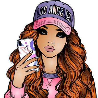 realistic beautiful girl wearing los ángeles cap holding an iphone