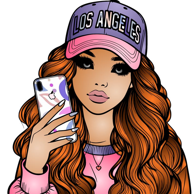 realistic beautiful girl wearing los ángeles cap holding an iphone
