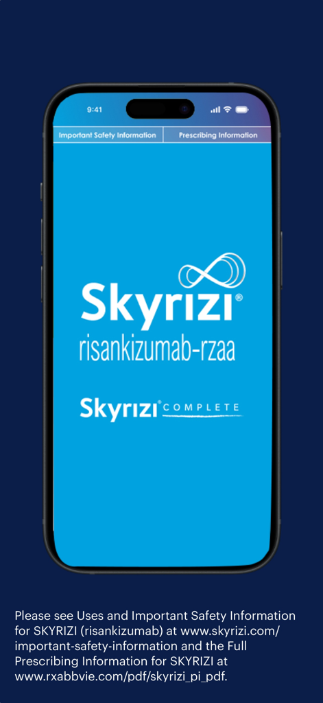 Complete - Medication Tracker - Skyrizi Complete app interface displaying medication logo and safety information links on a smartphone screen