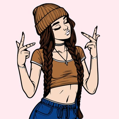 realistic teenage girl with braids and a beanie and crop top doing 🫶🏼