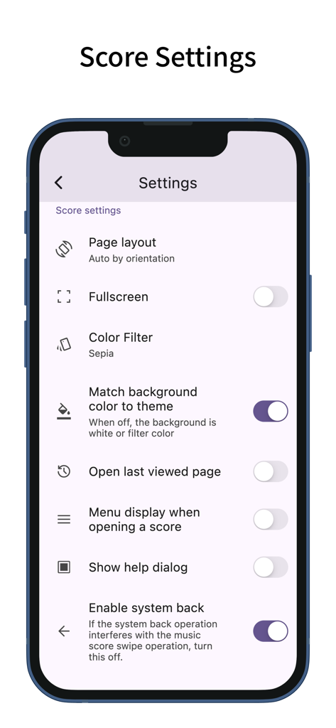 ScorePDF: Sheet Music Viewer - ScorePDF app settings screen for sheet music customization including page layout and color filters
