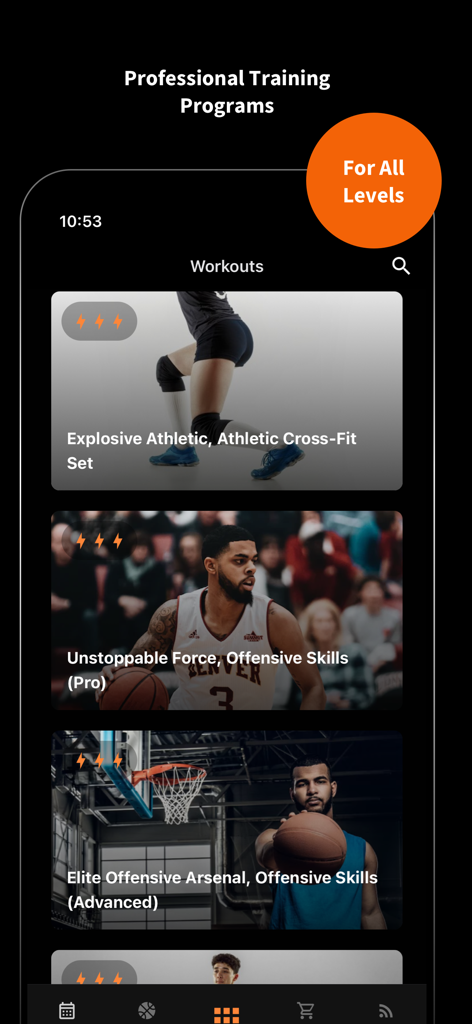 SpotBasket Basketball Training - SpotBasket app interface displaying a list of professional basketball training programs for all skill levels.
