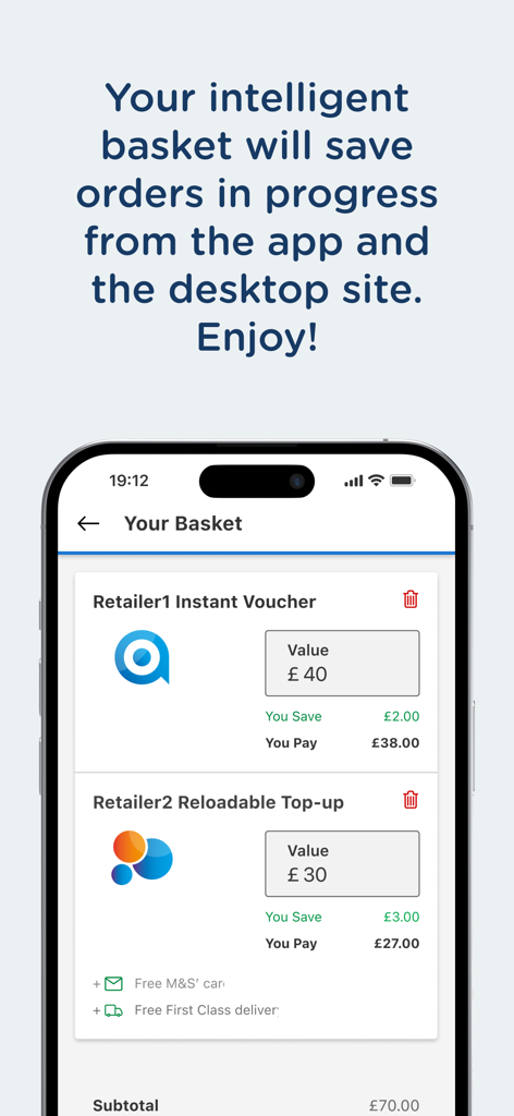 Smartphone displaying the SmartSpending app intelligent basket feature with discounted shopping vouchers
