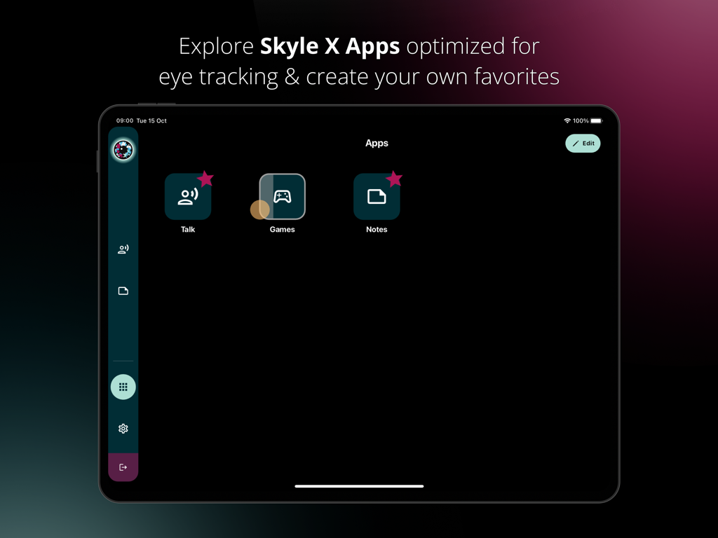 Skyle X - Skyle X app interface on iPad showing eye tracking compatible applications for talk games and notes