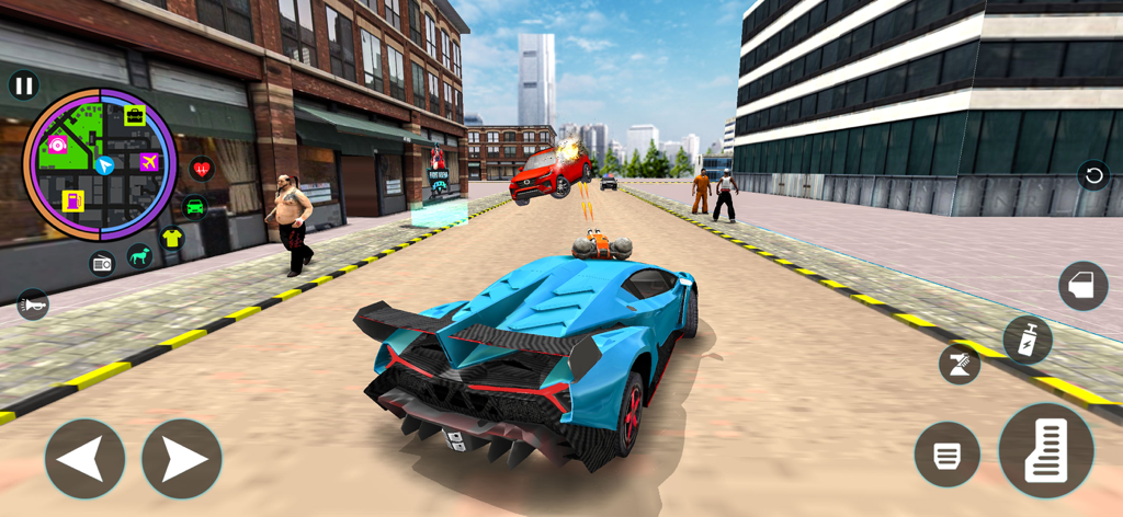 Gangster Game City Crime Sim - Un superdeportivo azul con una ametralladora en el techo disparando a otro coche en una calle urbana durante el juego