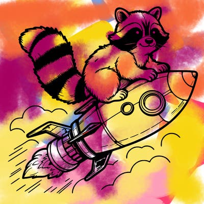 realistic raccoon flying on top rocket ship