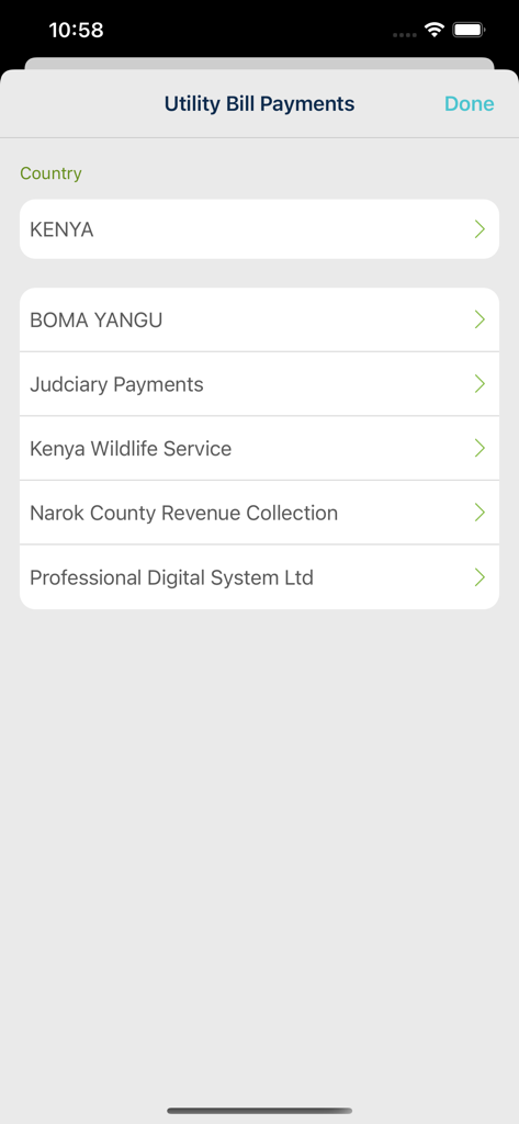 KCB iBank - Mobile interface of KCB iBank app displaying utility bill payment options in Kenya including Boma Yangu and Judiciary Payments.