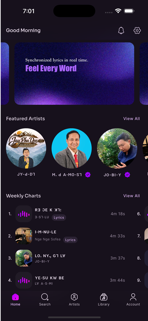Harmolody - Pantalla de inicio de la app Harmolody mostrando artistas Lisu destacados y las listas de canciones semanales