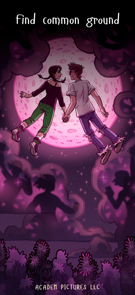 ACADEM DREAMS: Adventure & Sim - Due personaggi che fluttuano e si tengono per mano davanti a una grande luna rosa.