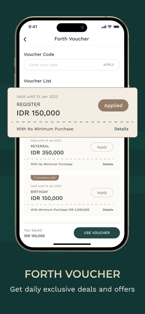 Fashion Forth - Mobile app screen showing a list of exclusive vouchers and luxury fashion deals on the Fashion Forth app.
