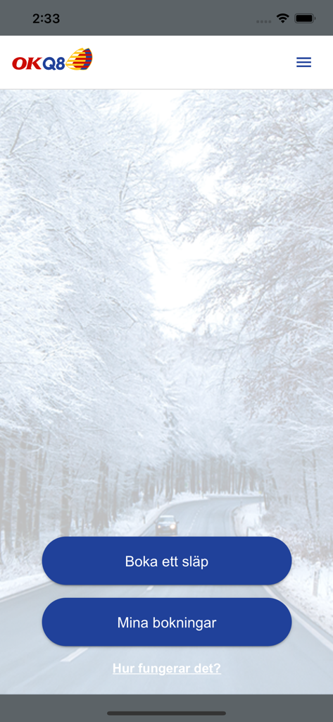 Schermata principale dell'app OKQ8 Slap con opzioni per prenotare un rimorchio e visualizzare le prenotazioni correnti