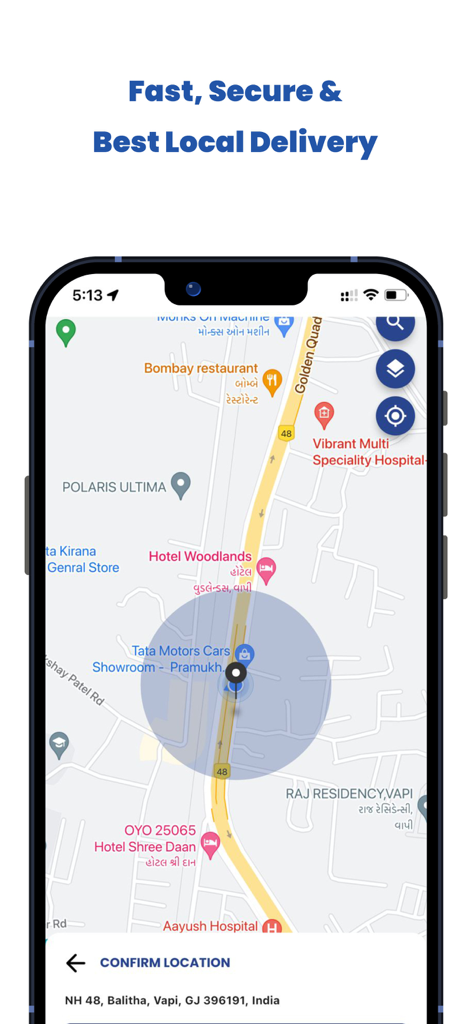 SendMe app interface showing a map to confirm a delivery location for fast and secure local service