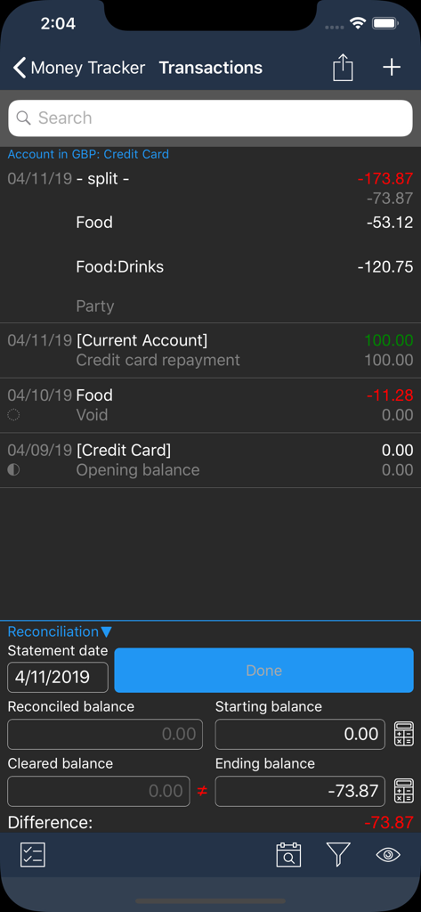 Money Tracker Infinite - Money Tracker Infinite app interface showing a list of split transactions and the account reconciliation panel
